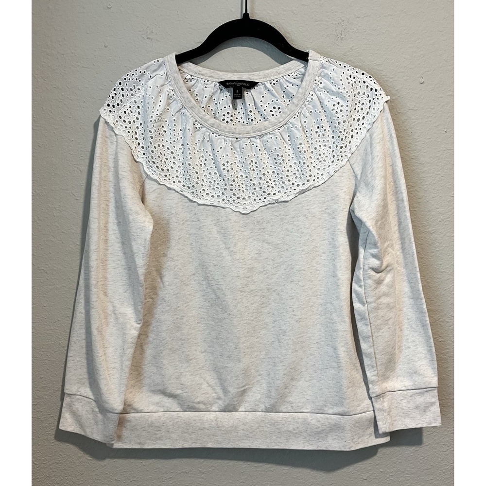 Banana Republic Women's Sweatshirt Top Small Eyelet Neckline LS Beige Cottage